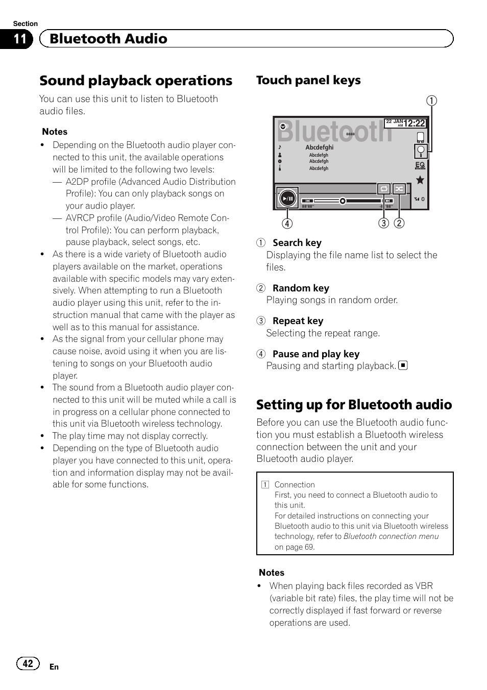 Bluetooth audio sound playback operations, Setting up for bluetooth audio, Bluetooth | Sound playback operations, 11 bluetooth audio, Touch panel keys | Pioneer AVH-X8500BT User Manual | Page 42 / 100