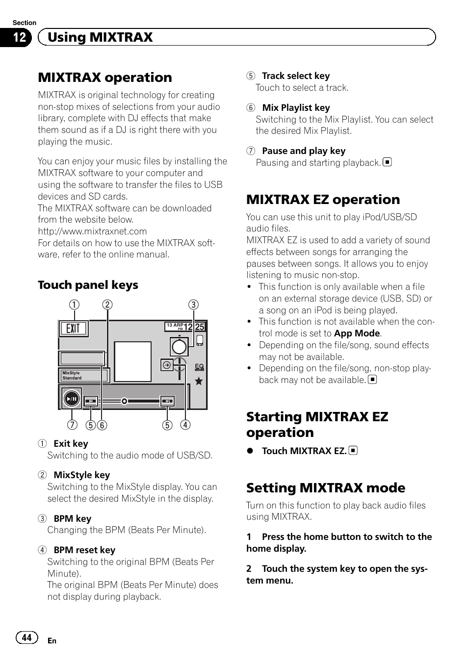 Using mixtrax mixtrax operation, Mixtrax ez operation, Starting mixtrax ez operation | Setting mixtrax mode, Mixtrax operation, 12 using mixtrax, Touch panel keys | Pioneer AVH-X8500BT User Manual | Page 44 / 100