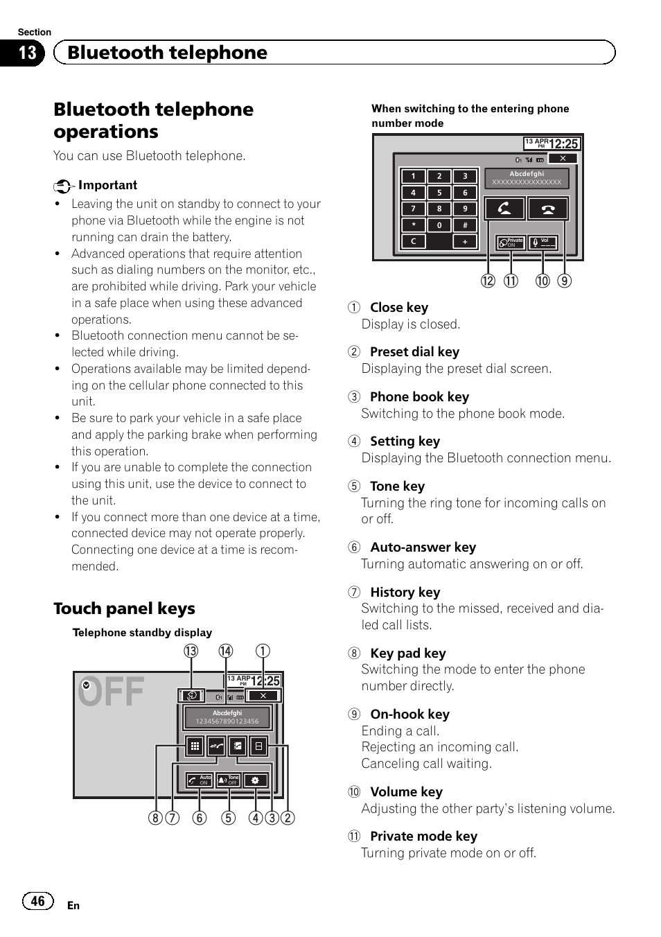 Bluetooth telephone bluetooth telephone operations, Bluetooth telephone operations, 13 bluetooth telephone | Touch panel keys, 9a b c | Pioneer AVH-X8500BT User Manual | Page 46 / 100