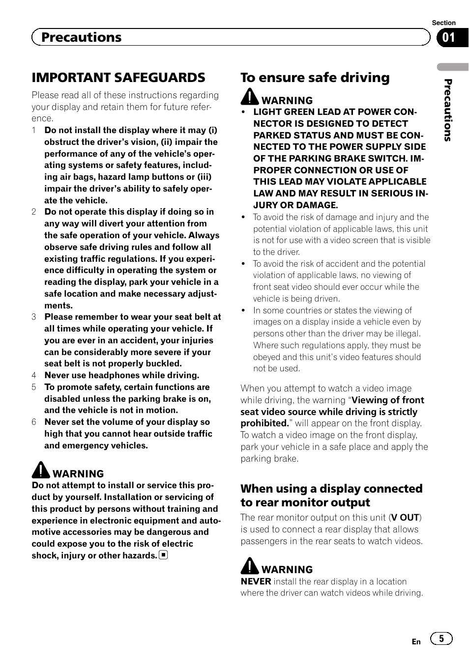 Precautions, Important safeguards, To ensure safe driving | Pioneer AVH-X8500BT User Manual | Page 5 / 100