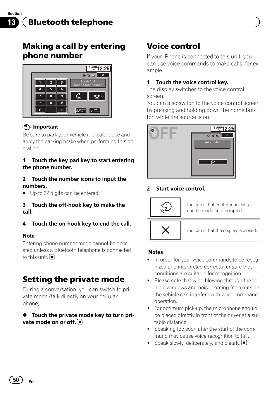 Making a call by entering phone number, Setting the private mode, Voice control | 13 bluetooth telephone | Pioneer AVH-X8500BT User Manual | Page 50 / 100