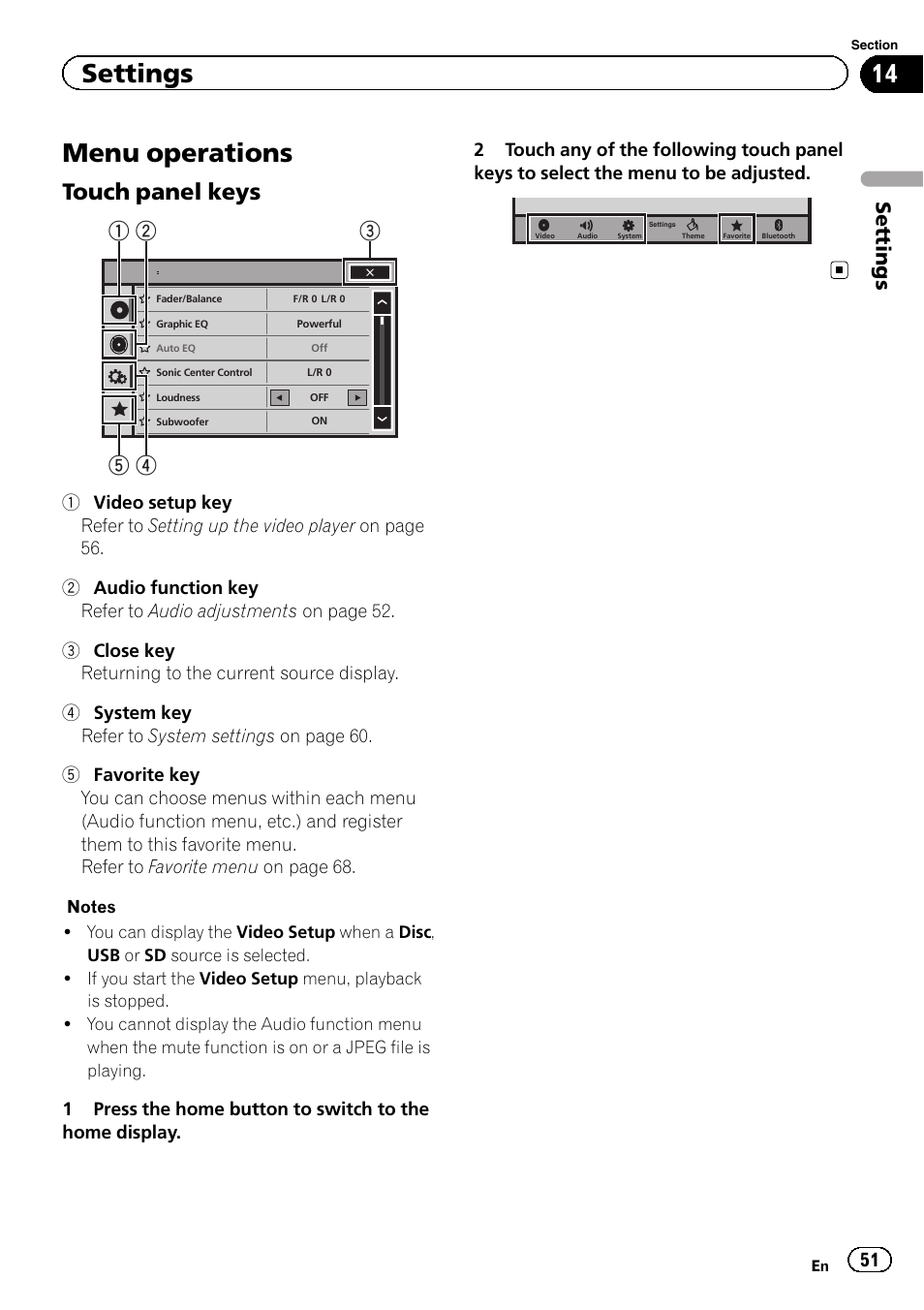 Settings menu operations, Menu operations, Touch panel keys | Settings | Pioneer AVH-X8500BT User Manual | Page 51 / 100