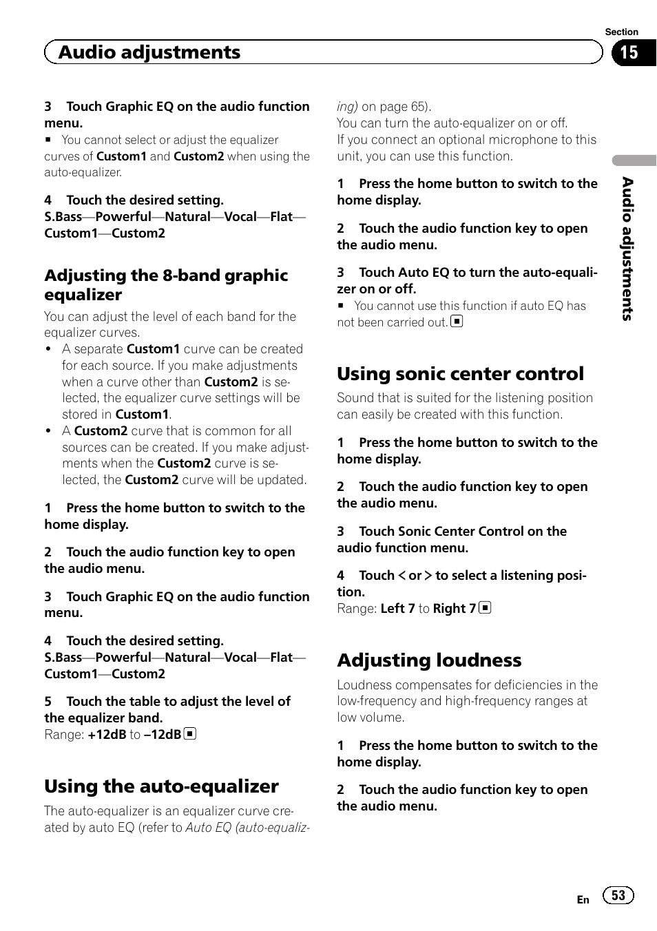 Using the auto-equalizer, Using sonic center control, Adjusting loudness | Audio adjustments, Adjusting the 8-band graphic equalizer | Pioneer AVH-X8500BT User Manual | Page 53 / 100