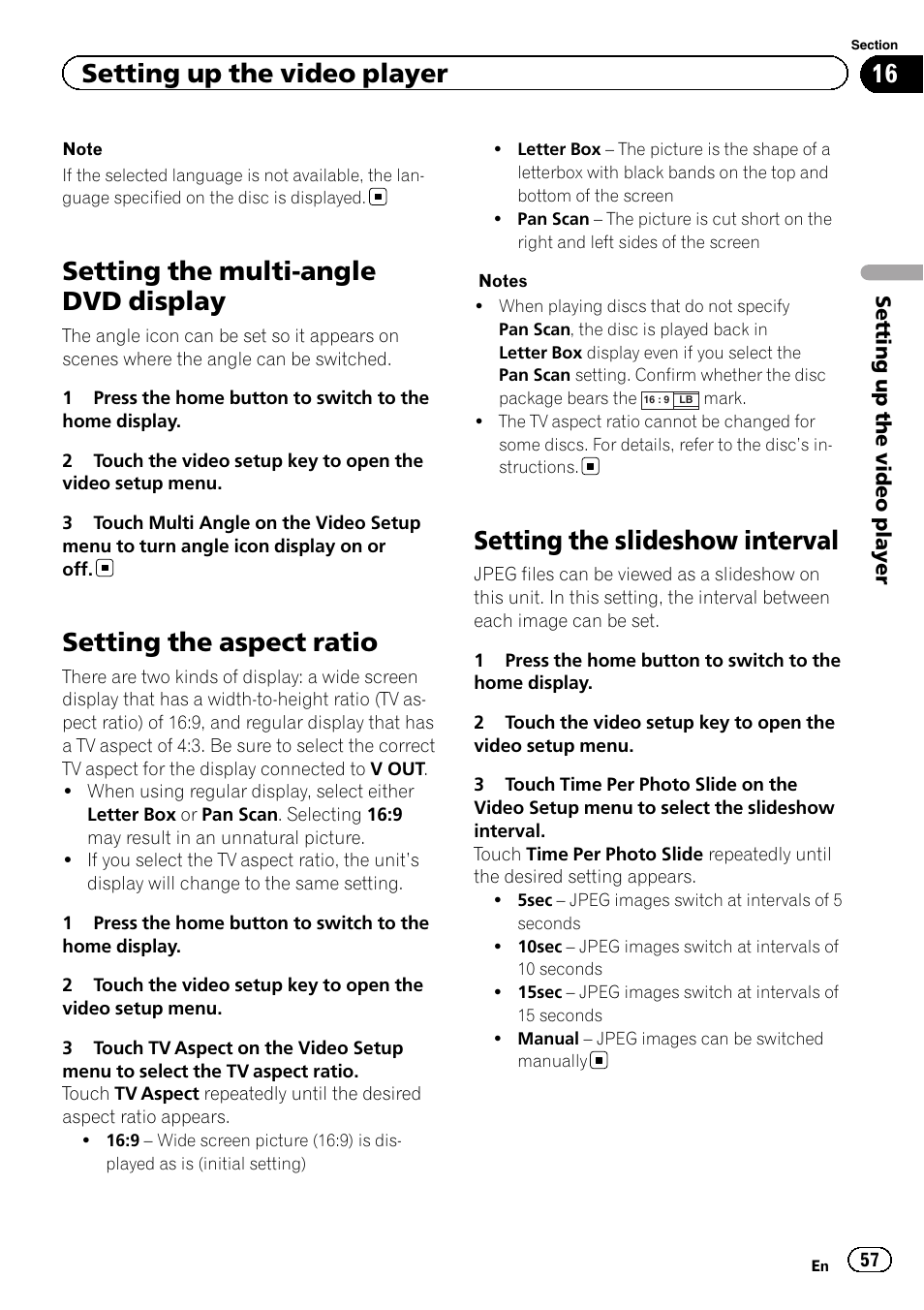 Setting the multi-angle dvd display, Setting the aspect ratio, Setting the slideshow interval | Setting up the video player | Pioneer AVH-X8500BT User Manual | Page 57 / 100