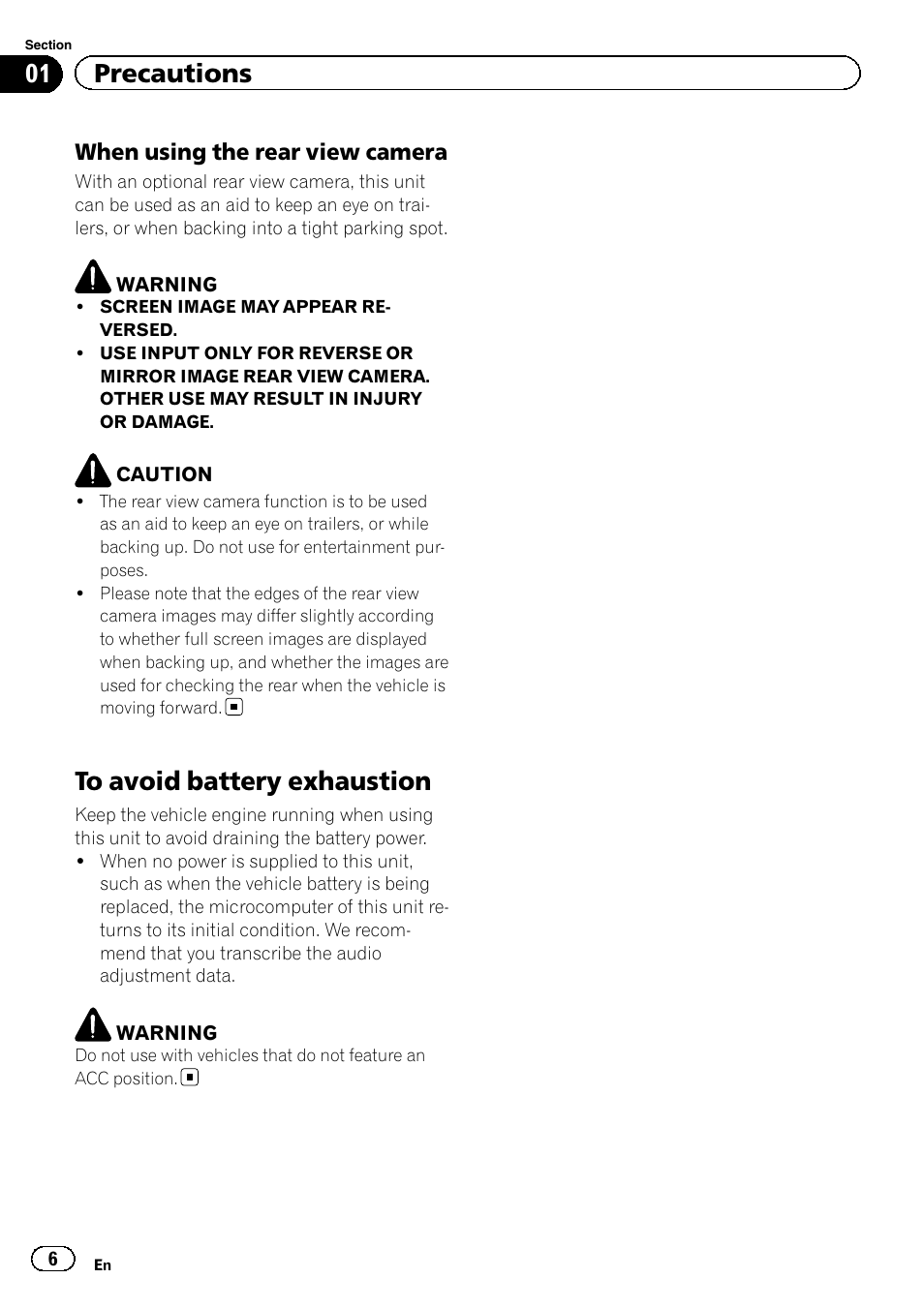 To avoid battery exhaustion, 01 precautions | Pioneer AVH-X8500BT User Manual | Page 6 / 100