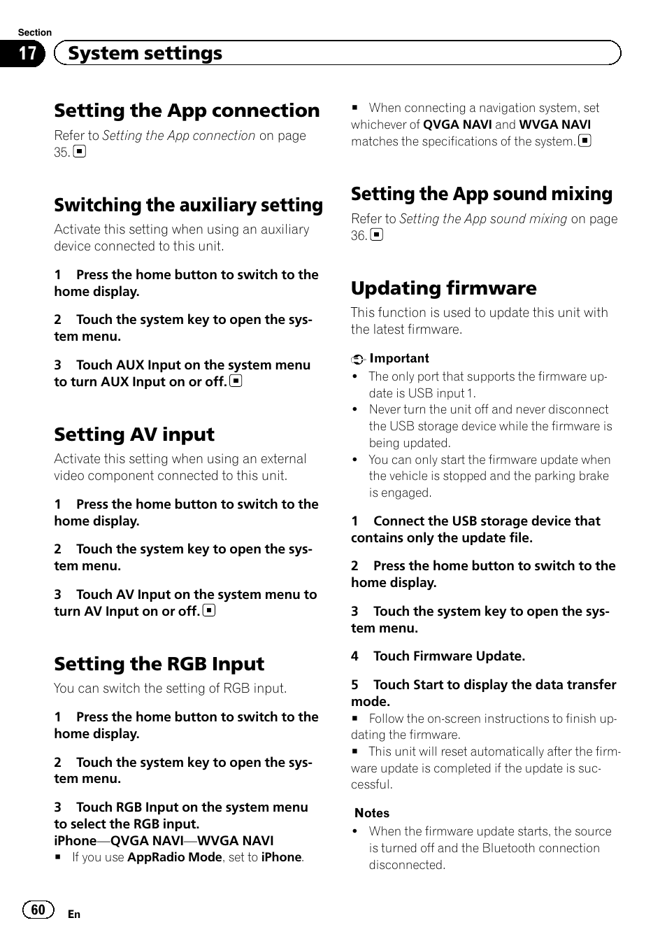 System settings setting the app connection, Switching the auxiliary setting, Setting av input | Setting the rgb input, Setting the app sound mixing, Updating firmware, Setting the, Setting the app connection, 17 system settings | Pioneer AVH-X8500BT User Manual | Page 60 / 100