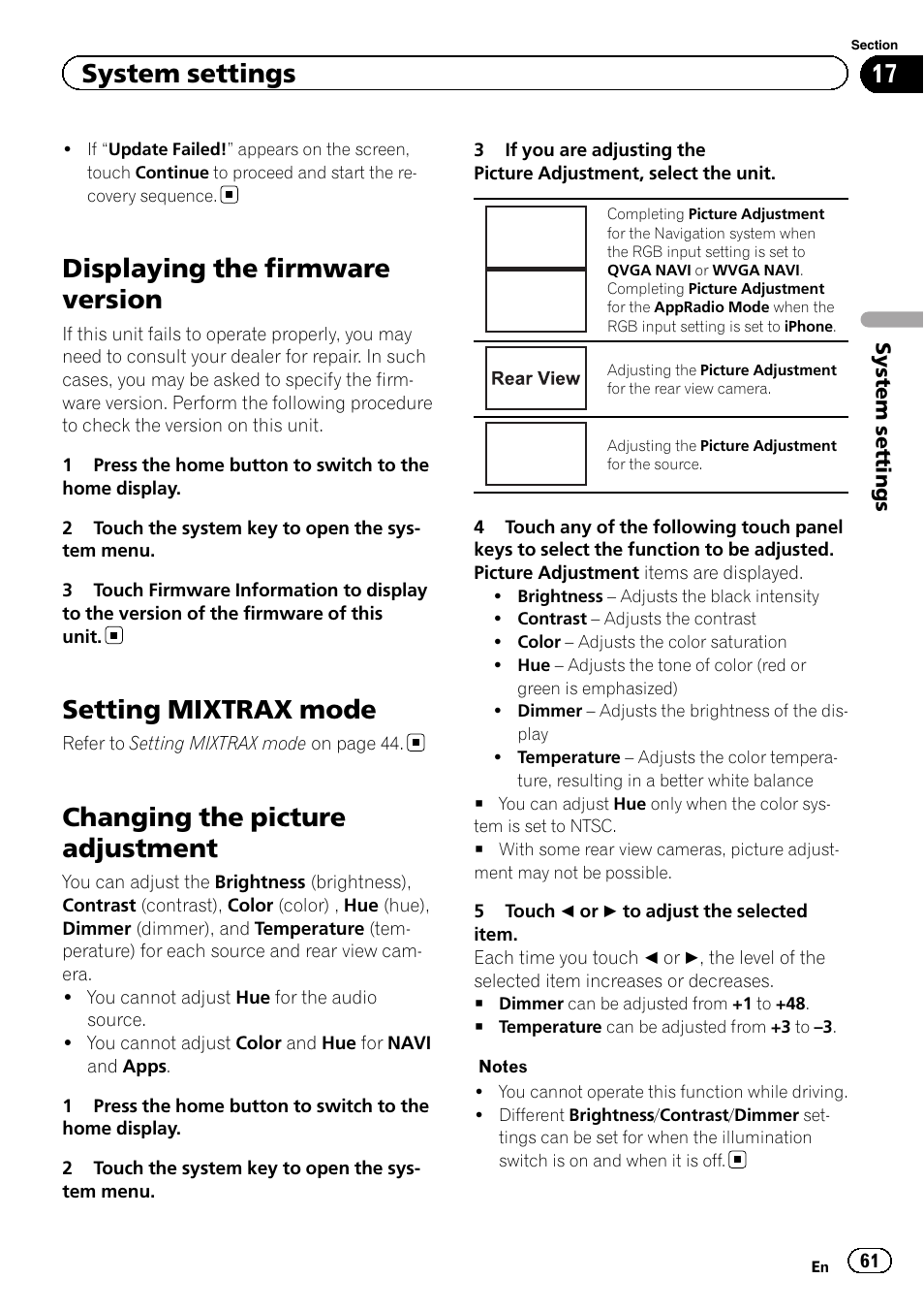 Displaying the firmware version, Setting mixtrax mode, Changing the picture adjustment | Navi apps, Source, System settings | Pioneer AVH-X8500BT User Manual | Page 61 / 100