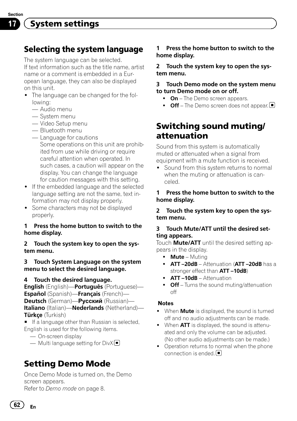 Selecting the system language, Setting demo mode, Switching sound muting/attenuation | Switching sound muting/ attenuation, 17 system settings | Pioneer AVH-X8500BT User Manual | Page 62 / 100