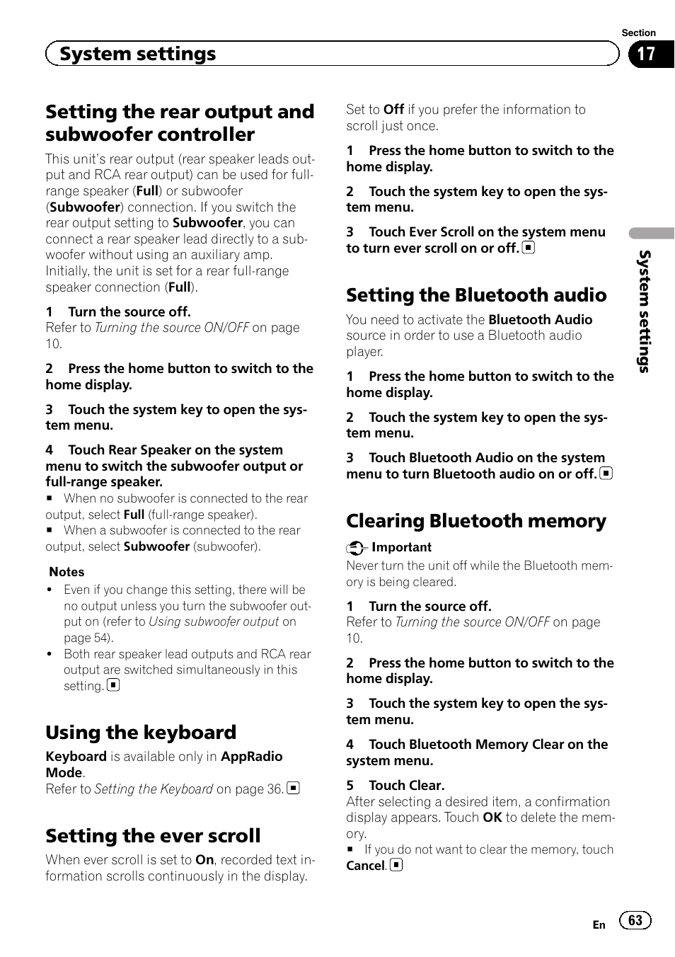 Setting the rear output and subwoofer, Controller, Using the keyboard | Setting the ever scroll, Setting the bluetooth audio, Clearing bluetooth memory, Setting the rear output and subwoofer controller, System settings | Pioneer AVH-X8500BT User Manual | Page 63 / 100