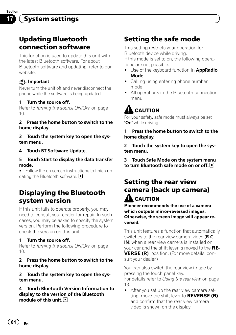 Updating bluetooth connection software, Displaying the bluetooth system version, Setting the safe mode | Setting the rear view camera (back up, Camera), Setting the rear view camera (back up camera), 17 system settings | Pioneer AVH-X8500BT User Manual | Page 64 / 100