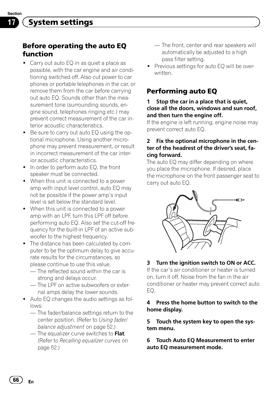 17 system settings, Before operating the auto eq function, Performing auto eq | Pioneer AVH-X8500BT User Manual | Page 66 / 100