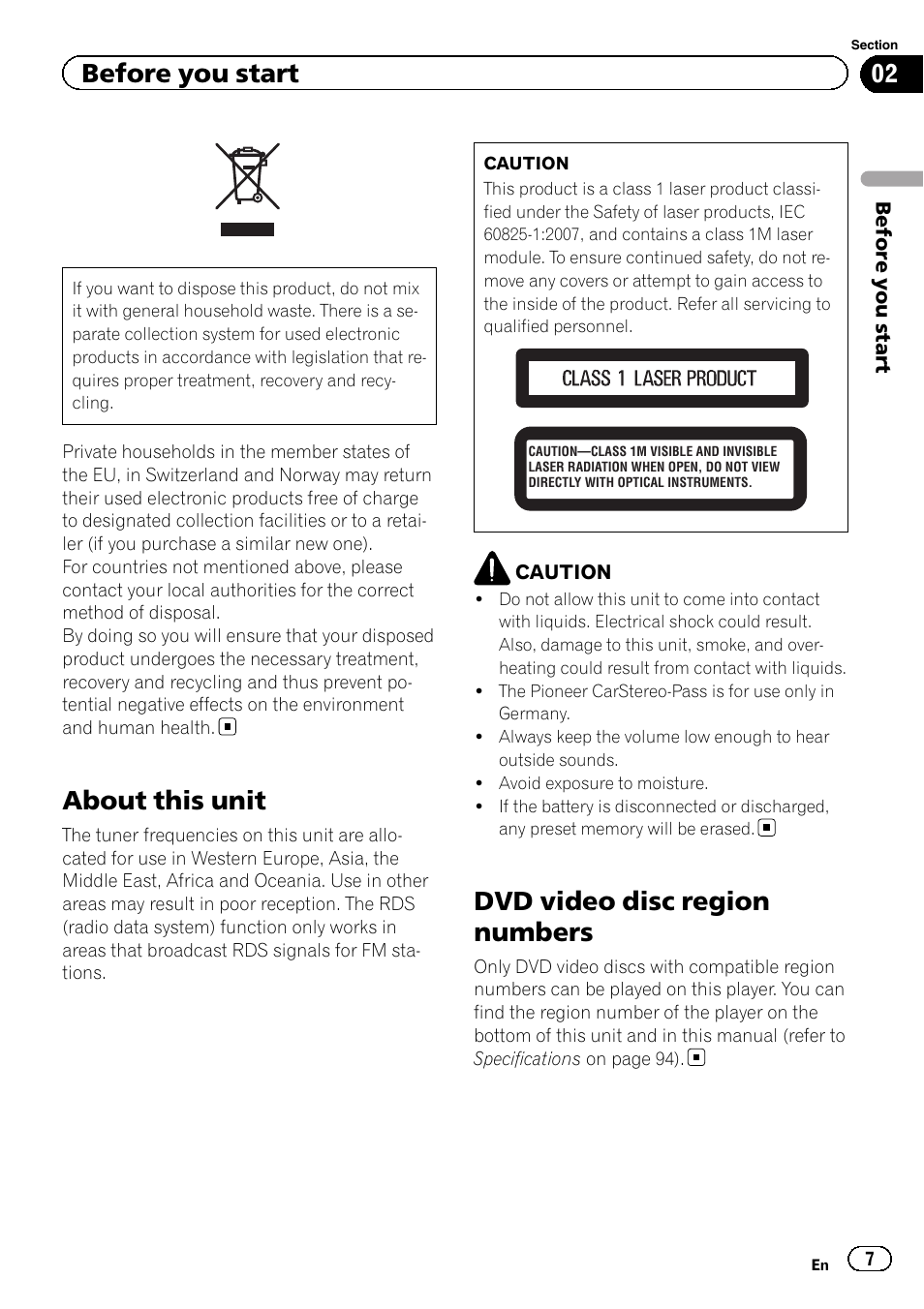 Before you start about this unit, Dvd video disc region numbers, About this unit | Before you start | Pioneer AVH-X8500BT User Manual | Page 7 / 100