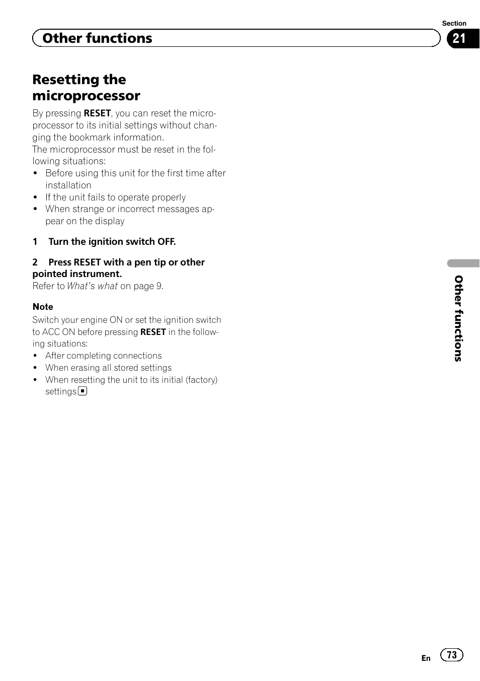 Resetting the microprocessor, Other functions | Pioneer AVH-X8500BT User Manual | Page 73 / 100