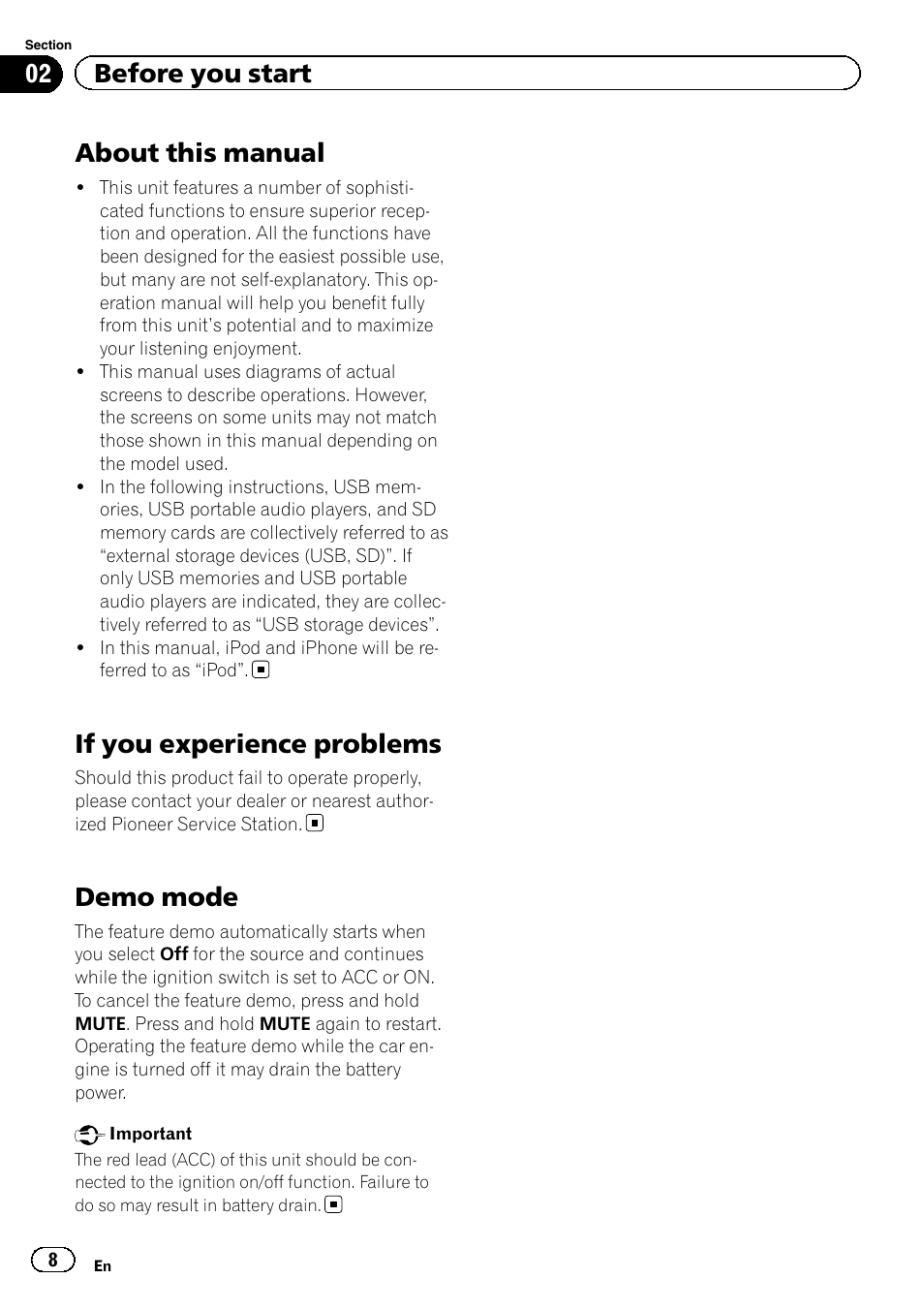 About this manual, If you experience problems, Demo mode | 02 before you start | Pioneer AVH-X8500BT User Manual | Page 8 / 100