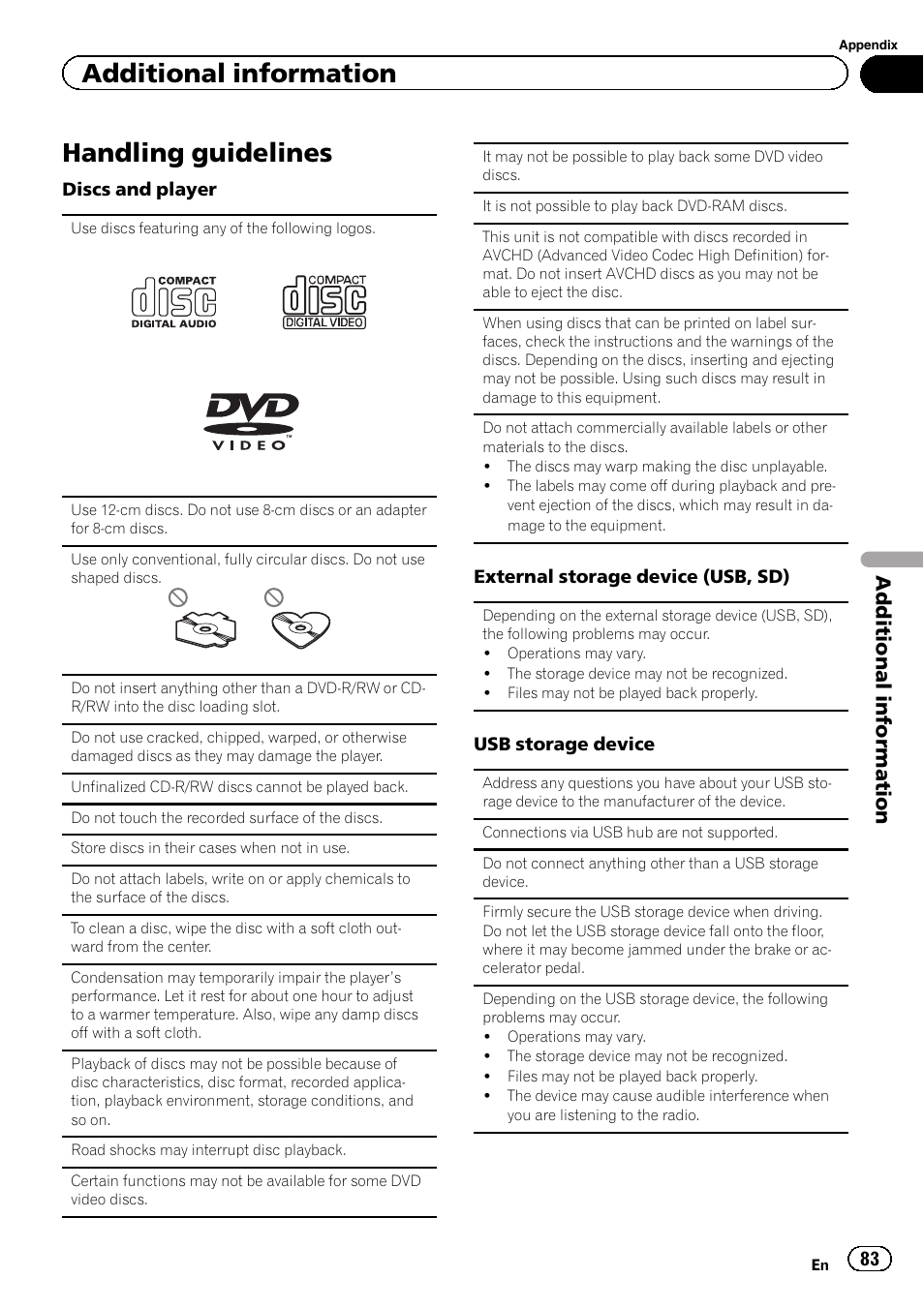 Handling guidelines, Additional information | Pioneer AVH-X8500BT User Manual | Page 83 / 100