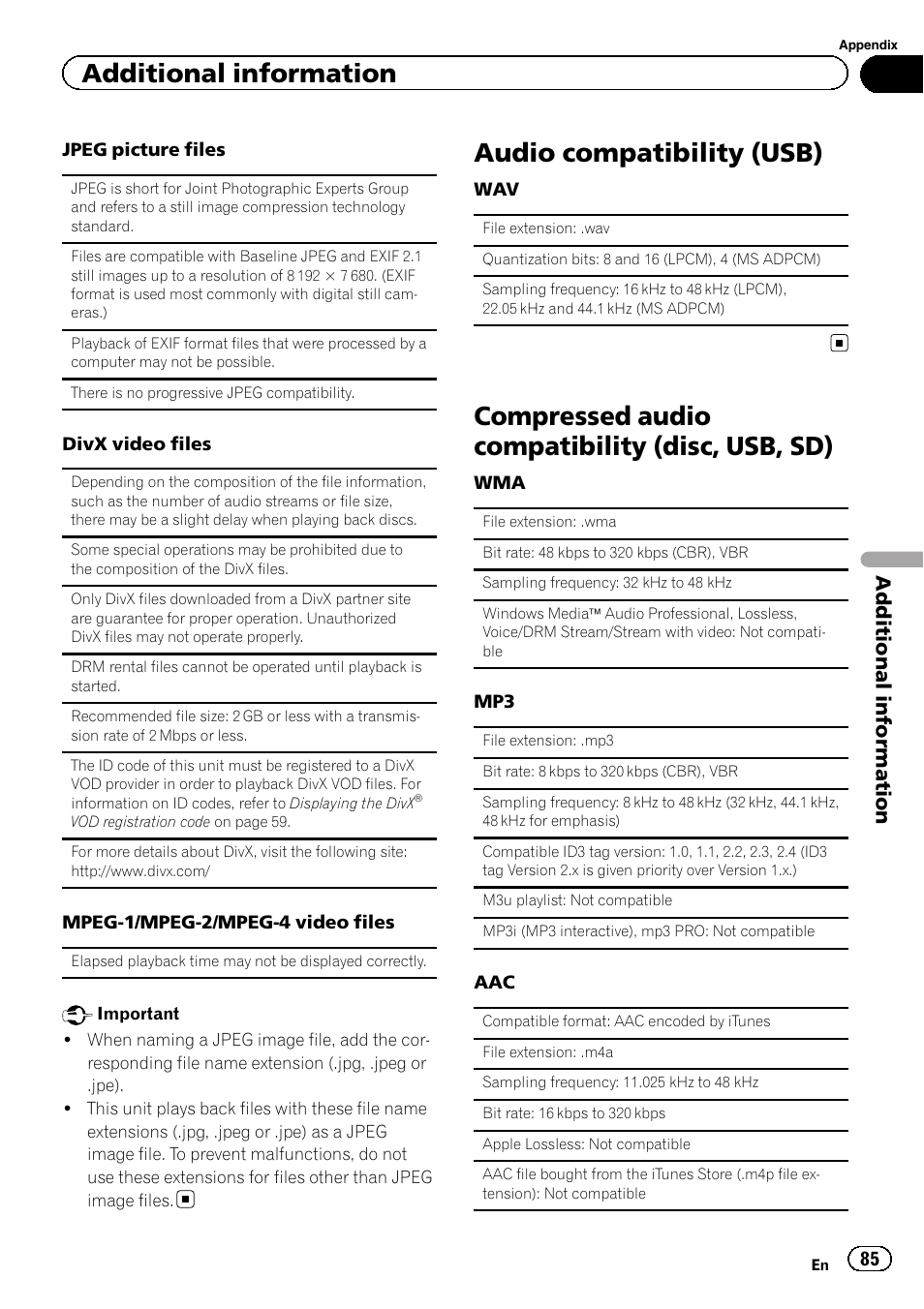 Audio compatibility (usb), Compressed audio compatibility (disc, usb, Compressed audio compatibility (disc, usb, sd) | Additional information | Pioneer AVH-X8500BT User Manual | Page 85 / 100