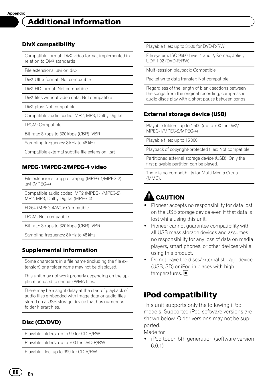 Ipod compatibility, Additional information, Caution | Pioneer AVH-X8500BT User Manual | Page 86 / 100