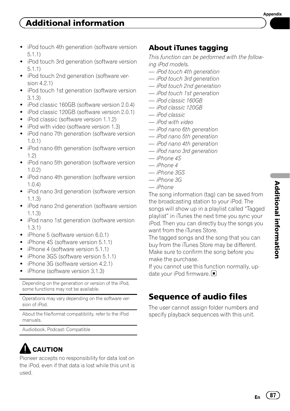 Sequence of audio files, Additional information, About itunes tagging | Pioneer AVH-X8500BT User Manual | Page 87 / 100