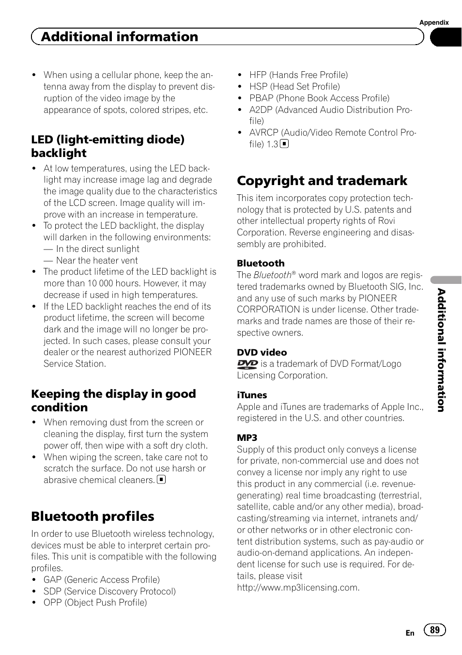 Bluetooth profiles, Copyright and trademark, Additional information | Led (light-emitting diode) backlight, Keeping the display in good condition | Pioneer AVH-X8500BT User Manual | Page 89 / 100