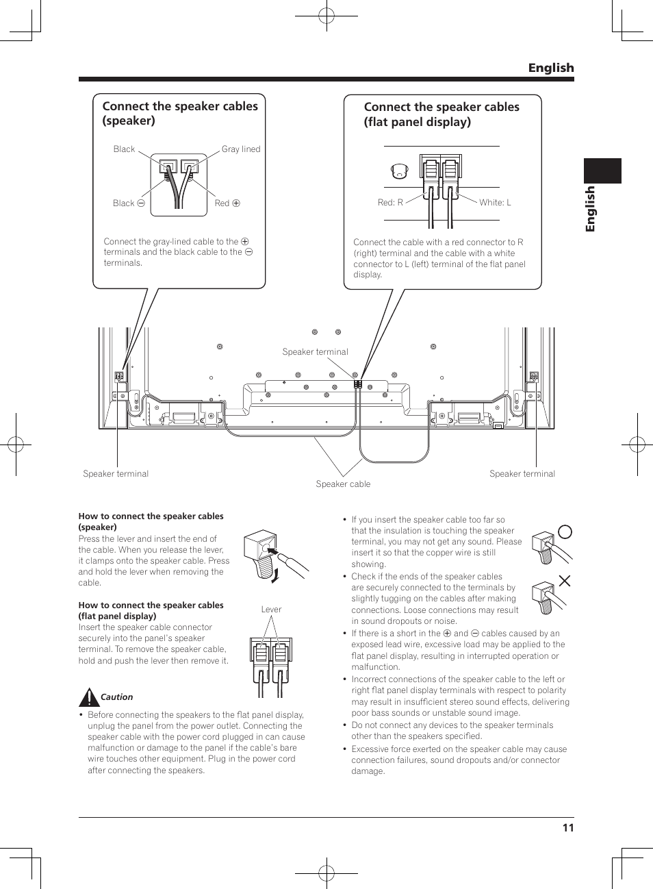 English, Connect the speaker cables (flat panel display), Connect the speaker cables (speaker) | Pioneer KRP-S02 User Manual | Page 11 / 56