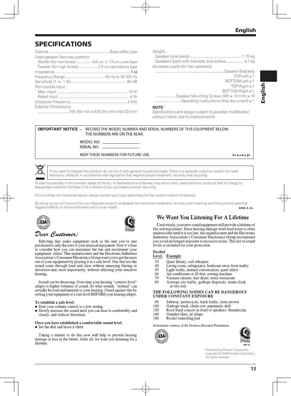 Specifications, English | Pioneer KRP-S02 User Manual | Page 13 / 56