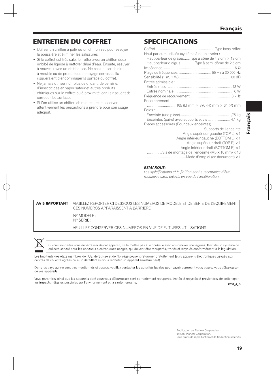 Specifications, Entretien du coffret, Français | Pioneer KRP-S02 User Manual | Page 19 / 56