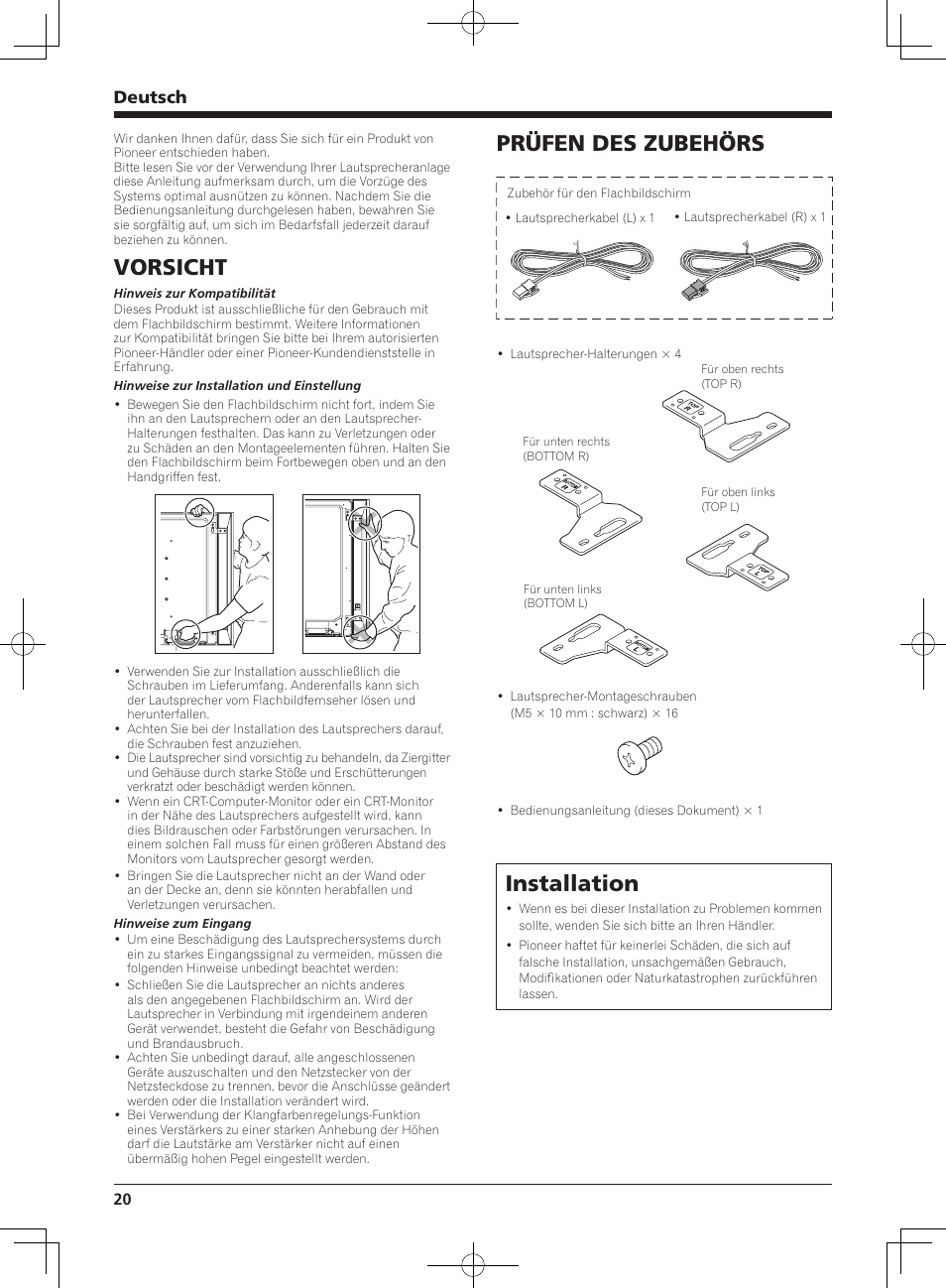 Vorsicht, Prüfen des zubehörs, Installation | Deutsch | Pioneer KRP-S02 User Manual | Page 20 / 56