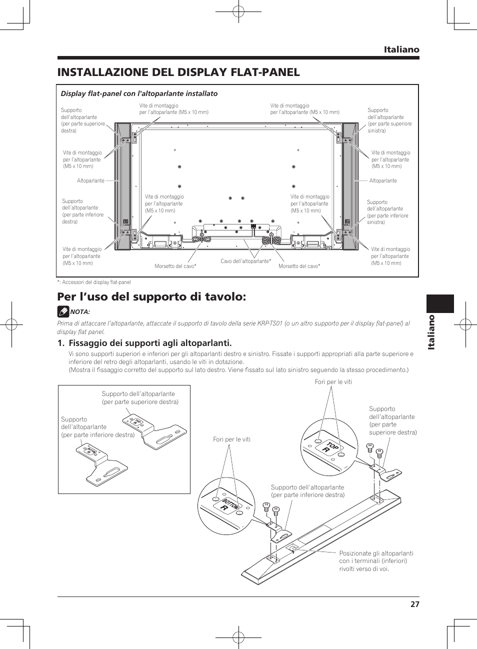 Installazione del display flat-panel, Per l’uso del supporto di tavolo, Italiano | Fissaggio dei supporti agli altoparlanti | Pioneer KRP-S02 User Manual | Page 27 / 56