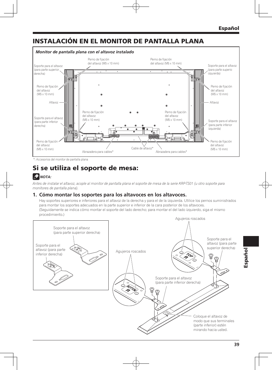 Instalación en el monitor de pantalla plana, Si se utiliza el soporte de mesa, Español | Pioneer KRP-S02 User Manual | Page 39 / 56