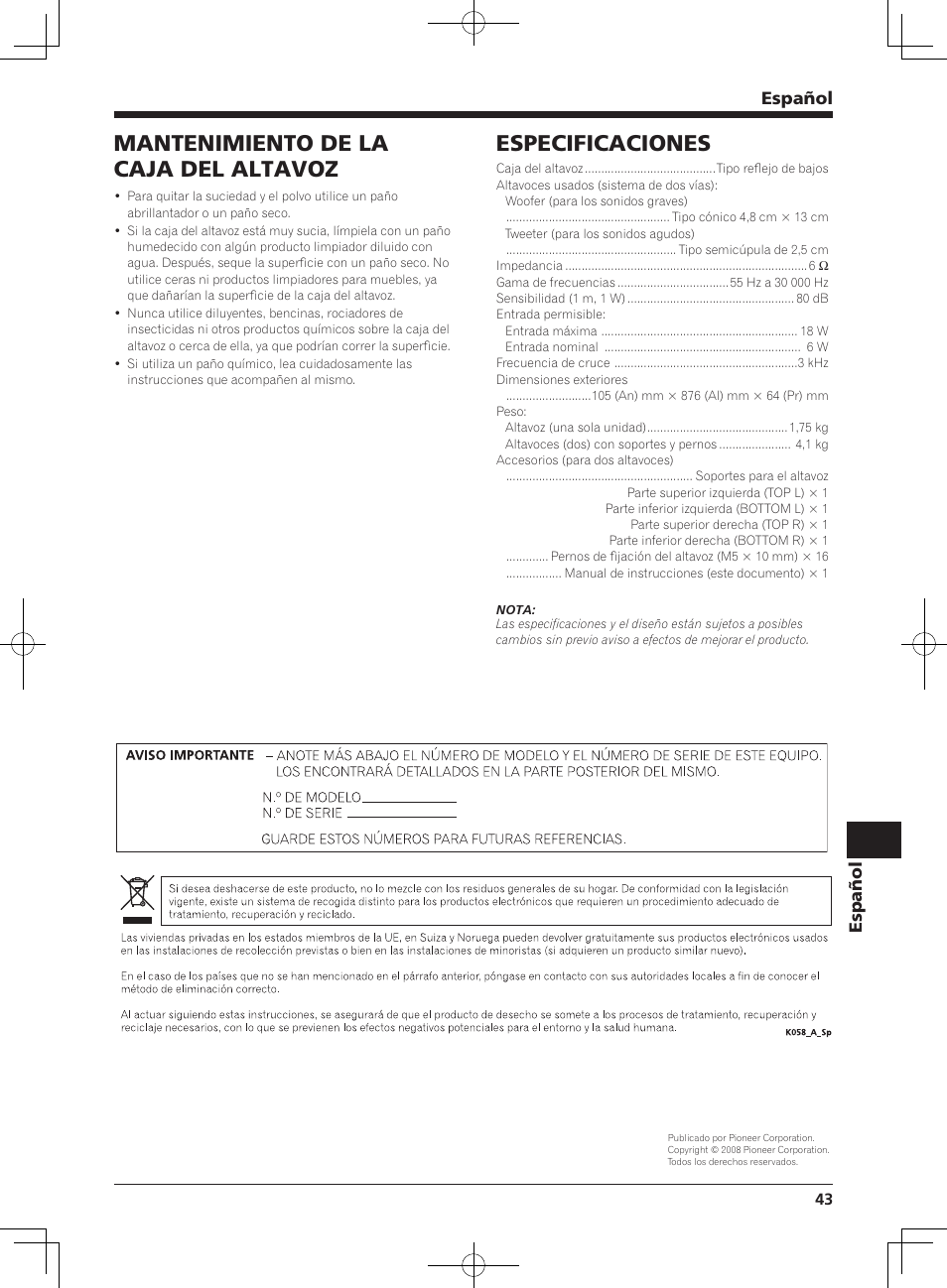Especificaciones, Mantenimiento de la caja del altavoz, Español | Pioneer KRP-S02 User Manual | Page 43 / 56