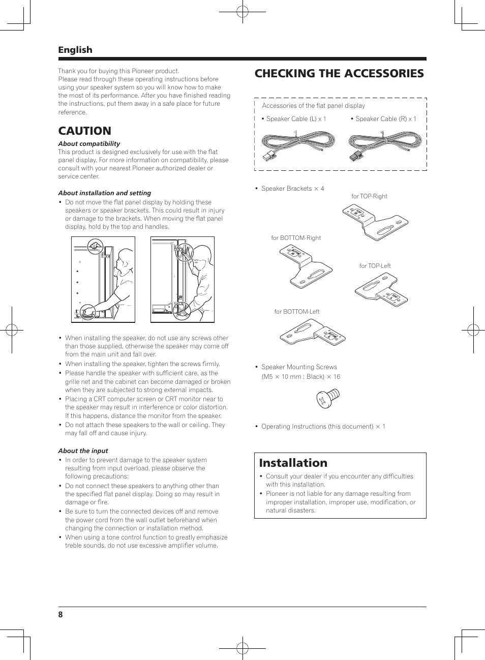 Caution, Checking the accessories, Installation | English | Pioneer KRP-S02 User Manual | Page 8 / 56