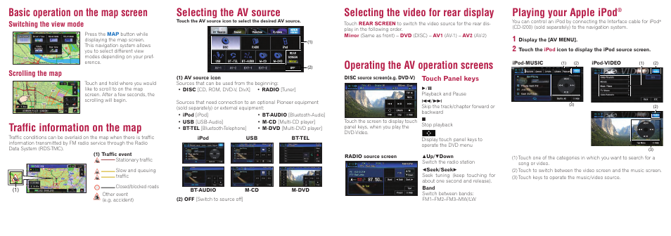 Basic operation on the map screen, Playing your apple ipod, Traffic information on the map | Selecting the av source, Operating the av operation screens, Selecting the video for rear display, Switching the view mode scrolling the map, Touch panel keys | Pioneer AVIC-X3-II User Manual | Page 2 / 2