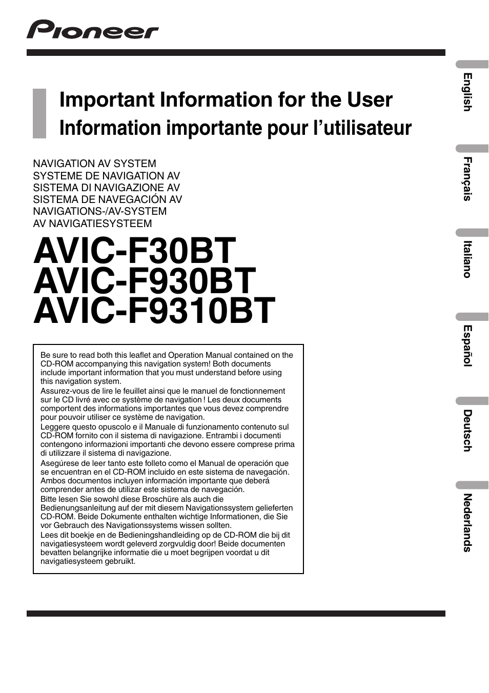 Pioneer AVIC-F30BT User Manual | 124 pages