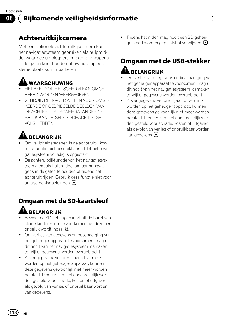 Achteruitkijkcamera, Omgaan met de sd-kaartsleuf, Omgaan met de usb-stekker | 06 bijkomende veiligheidsinformatie | Pioneer AVIC-F30BT User Manual | Page 118 / 124