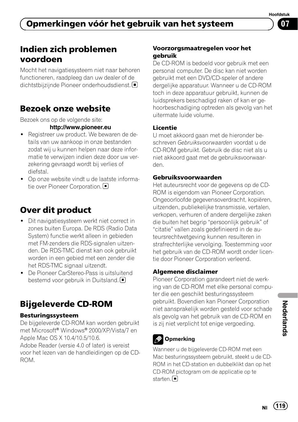 Bezoek onze website, Over dit product, Bijgeleverde cd-rom | Indien zich problemen voordoen, 07 opmerkingen vóór het gebruik van het systeem | Pioneer AVIC-F30BT User Manual | Page 119 / 124