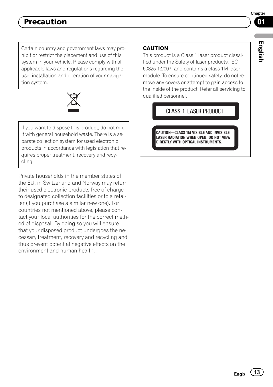 Precaution, 01 precaution | Pioneer AVIC-F30BT User Manual | Page 13 / 124