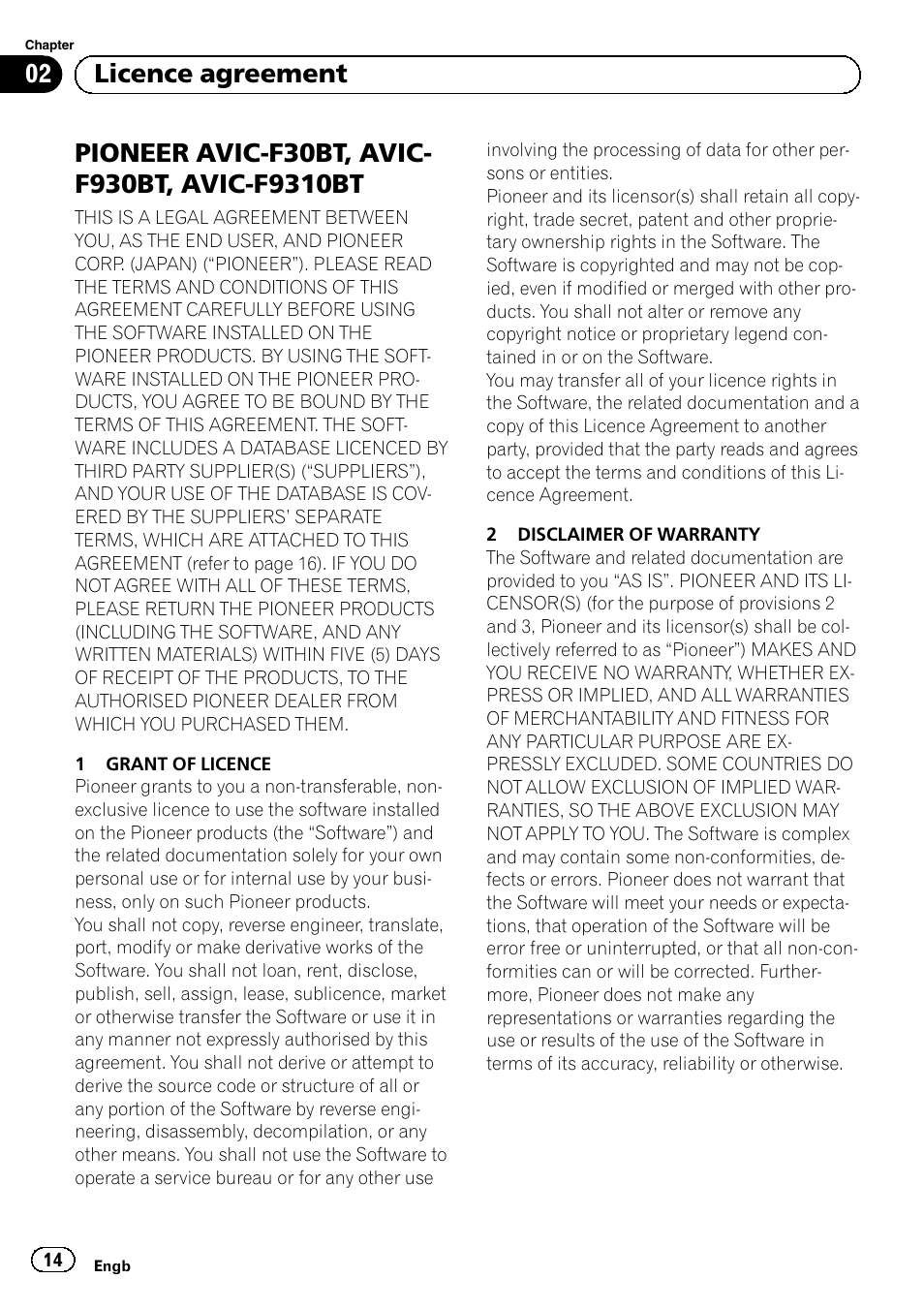 F9310bt, 02 licence agreement | Pioneer AVIC-F30BT User Manual | Page 14 / 124