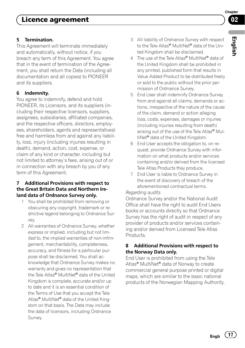 02 licence agreement, English | Pioneer AVIC-F30BT User Manual | Page 17 / 124