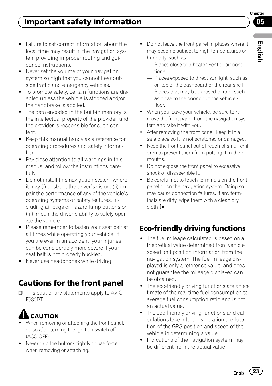 Cautions for the front panel, Eco-friendly driving functions, 05 important safety information | Pioneer AVIC-F30BT User Manual | Page 23 / 124