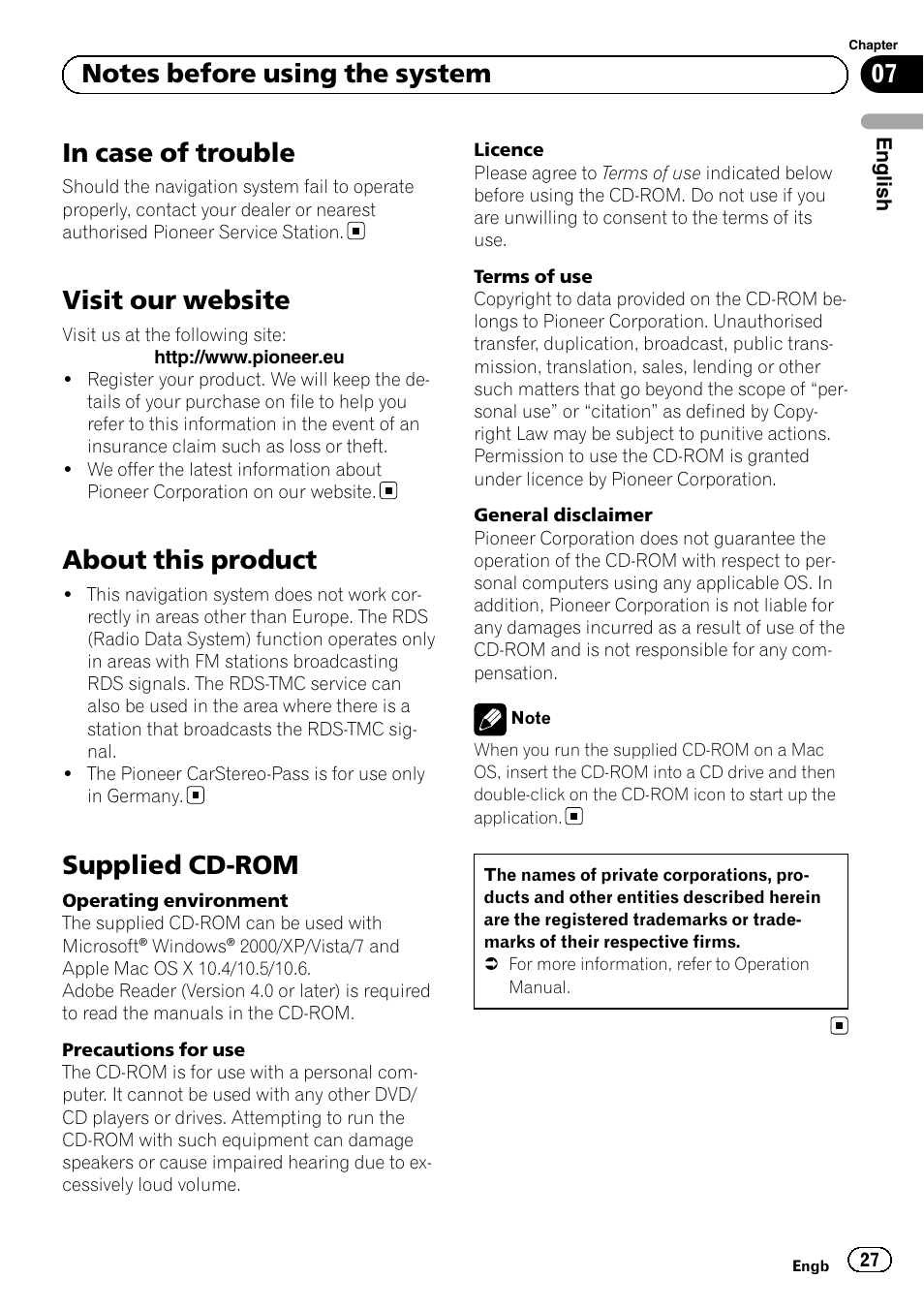 Notes before using the system in case of trouble, Visit our website, About this product | Supplied cd-rom | Pioneer AVIC-F30BT User Manual | Page 27 / 124