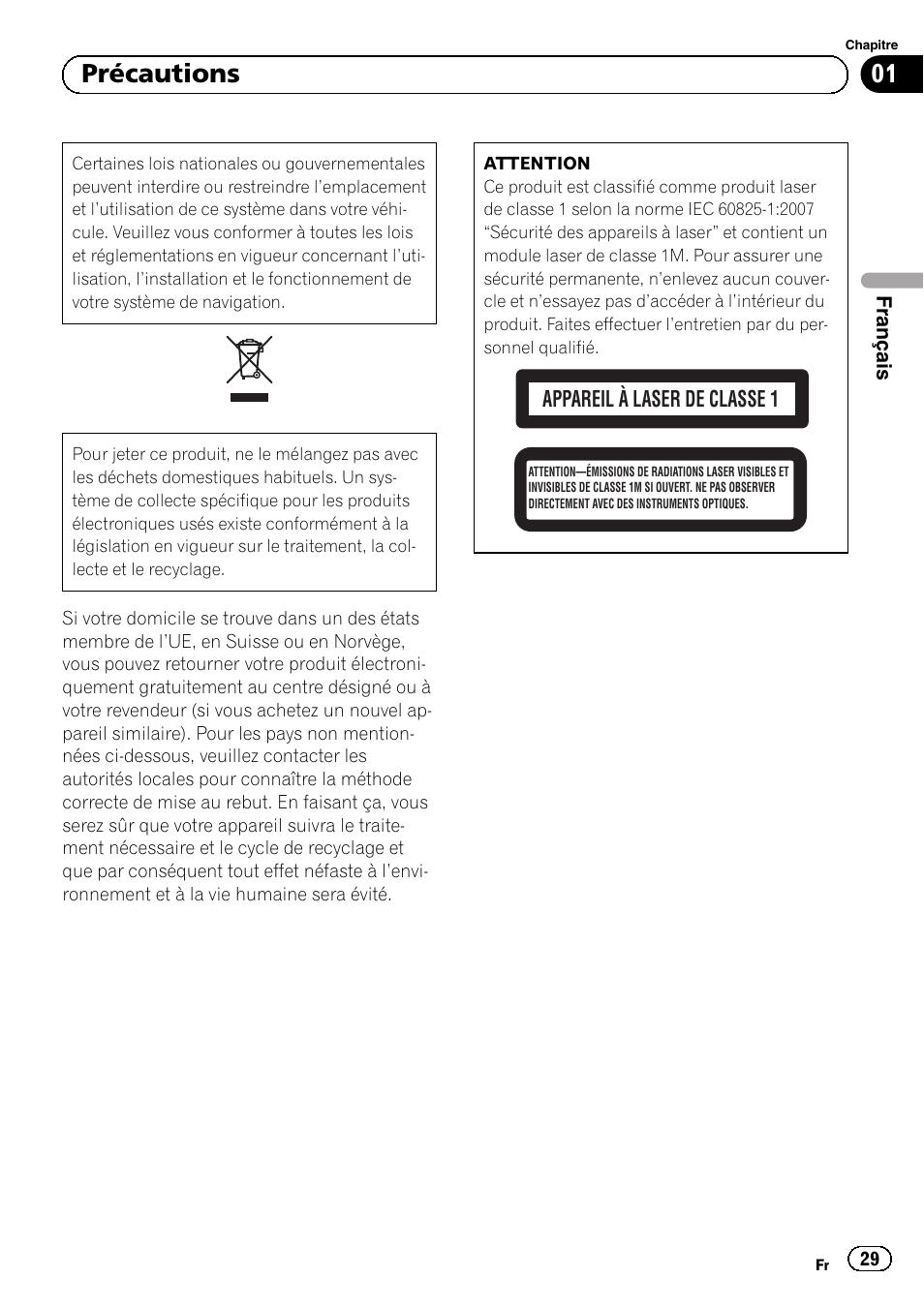 Précautions, 01 précautions | Pioneer AVIC-F30BT User Manual | Page 29 / 124