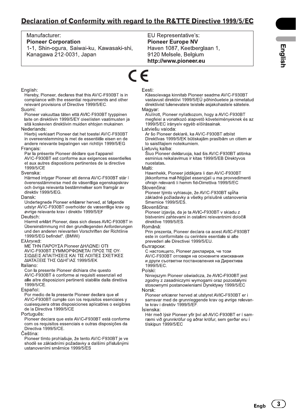 Pioneer AVIC-F30BT User Manual | Page 3 / 124
