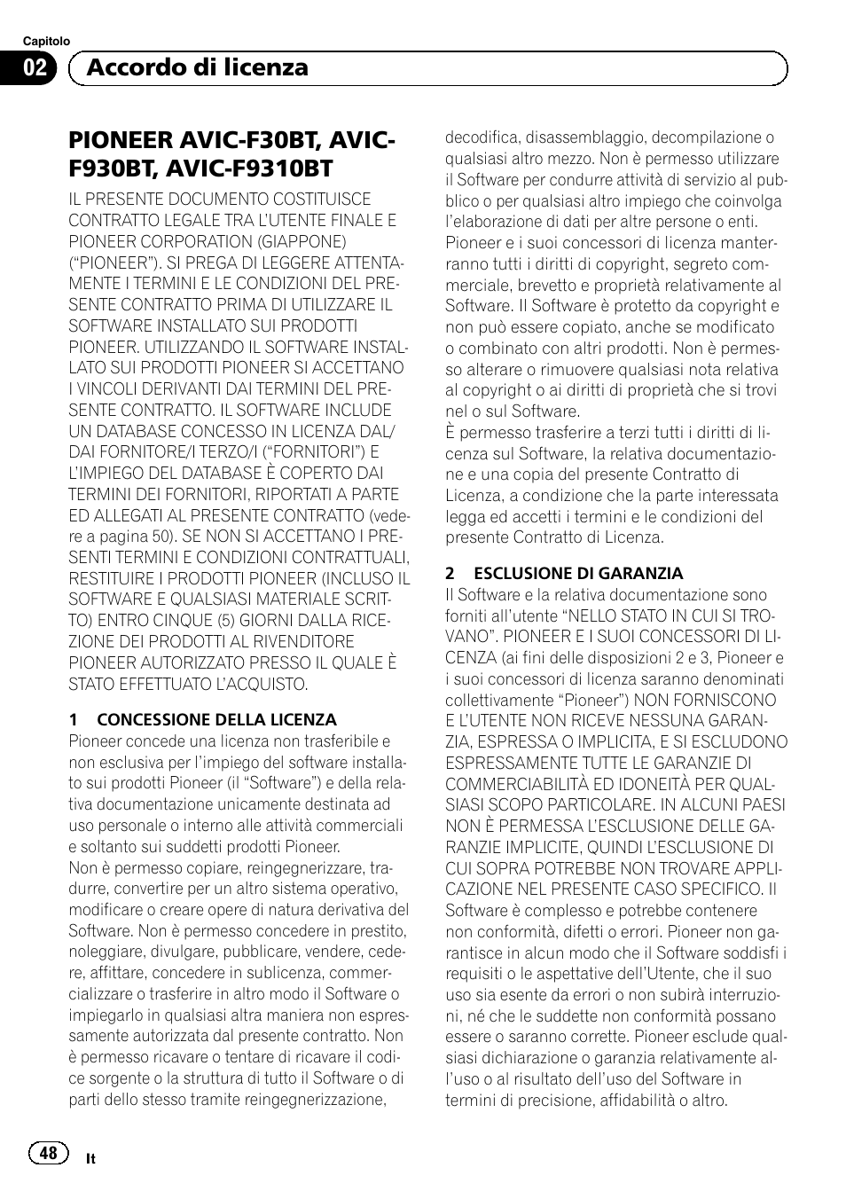 F9310bt, 02 accordo di licenza | Pioneer AVIC-F30BT User Manual | Page 48 / 124