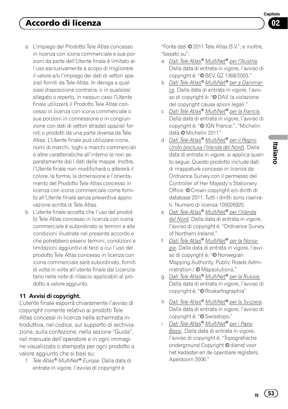 02 accordo di licenza, Italiano | Pioneer AVIC-F30BT User Manual | Page 53 / 124