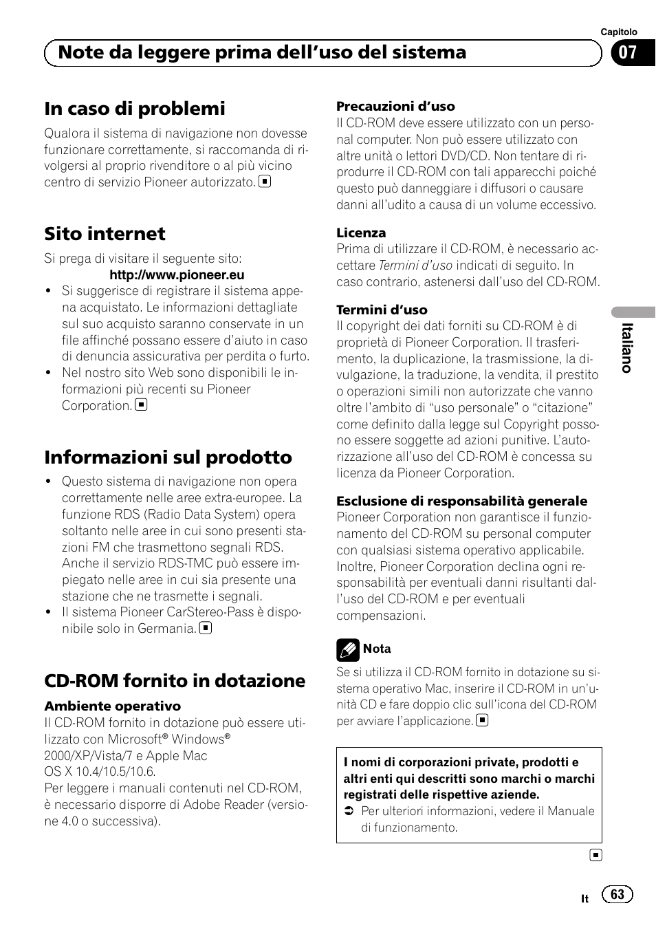 Note da leggere prima dell, Uso del, Sistema in caso di problemi | Sito internet, Informazioni sul prodotto, Cd-rom fornito in dotazione | Pioneer AVIC-F30BT User Manual | Page 63 / 124