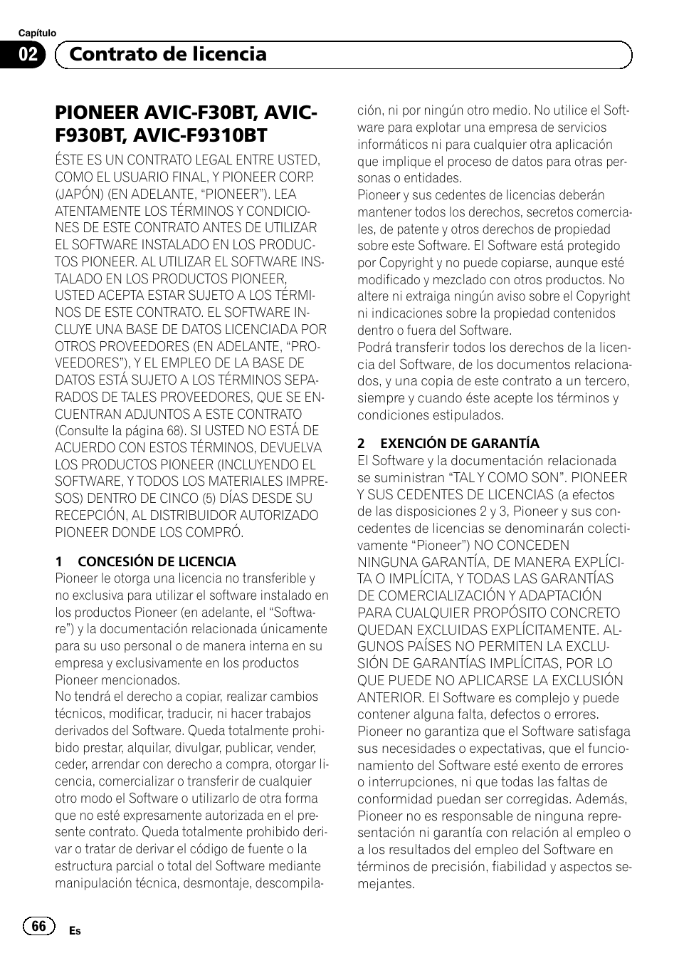F9310bt, 02 contrato de licencia | Pioneer AVIC-F30BT User Manual | Page 66 / 124
