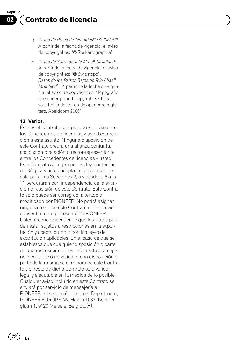 02 contrato de licencia | Pioneer AVIC-F30BT User Manual | Page 72 / 124