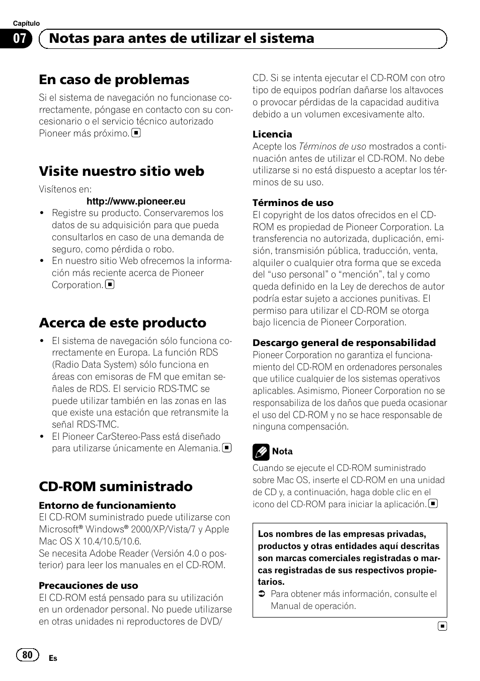 Visite nuestro sitio web, Acerca de este producto, Cd-rom suministrado | En caso de problemas, 07 notas para antes de utilizar el sistema | Pioneer AVIC-F30BT User Manual | Page 80 / 124