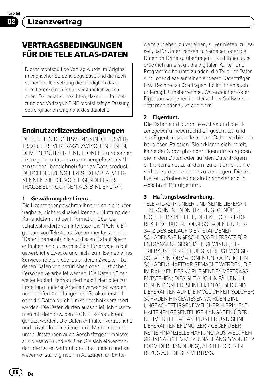 Vertragsbedingungen für die tele, Atlas-daten, Endnutzerlizenzbedingungen 86 | Vertragsbedingungen für die tele atlas-daten, 02 lizenzvertrag | Pioneer AVIC-F30BT User Manual | Page 86 / 124