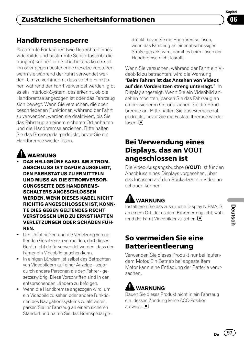 Bei verwendung eines displays, das an, Vout angeschlossen ist, So vermeiden sie eine | Batterieentleerung, Handbremsensperre, So vermeiden sie eine batterieentleerung, 06 zusätzliche sicherheitsinformationen | Pioneer AVIC-F30BT User Manual | Page 97 / 124